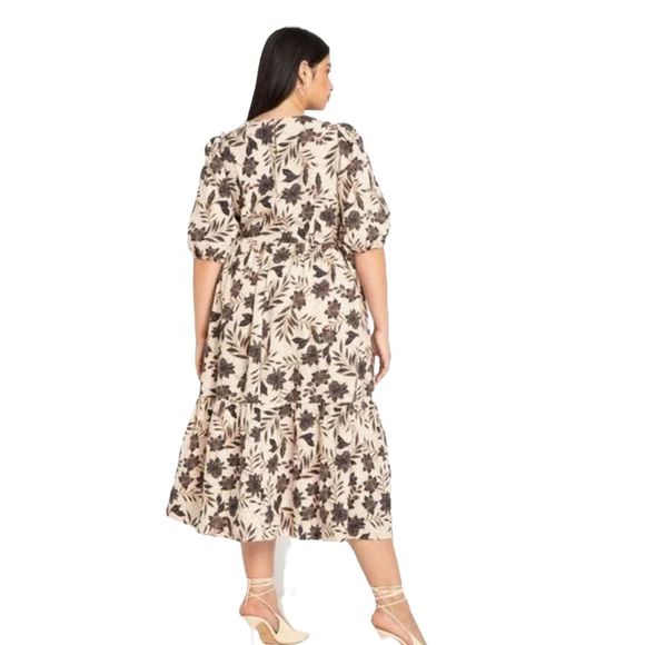 ELOQUII Floral Puff Sleeve‎ Tiered Cotton Midi Dress Cream Navy Blue Women's 16 - Picture 8 of 11